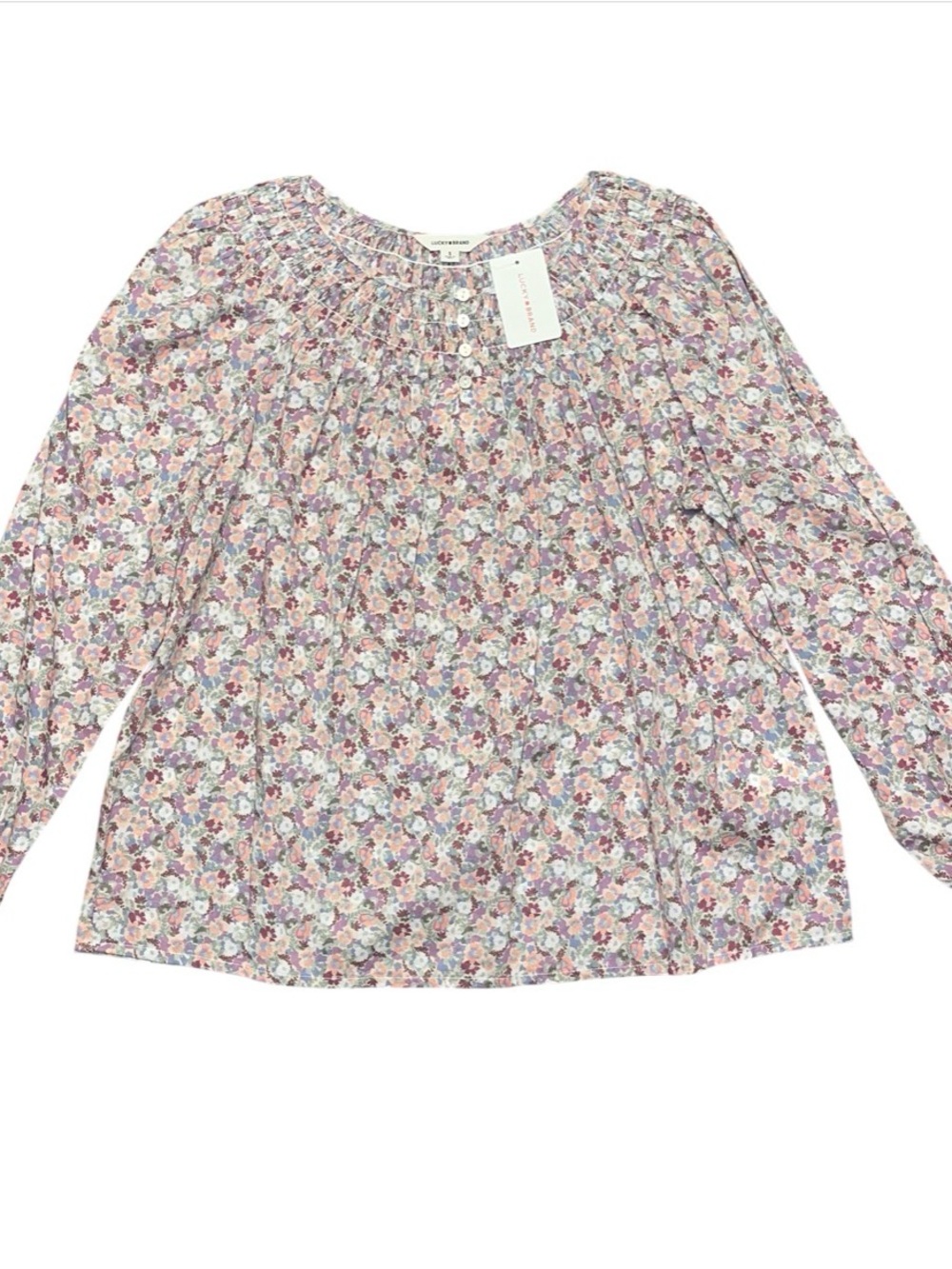 Lucky Brand Floral Purple Long Sleeve Peasant Blouse Smocked Button NWT Small